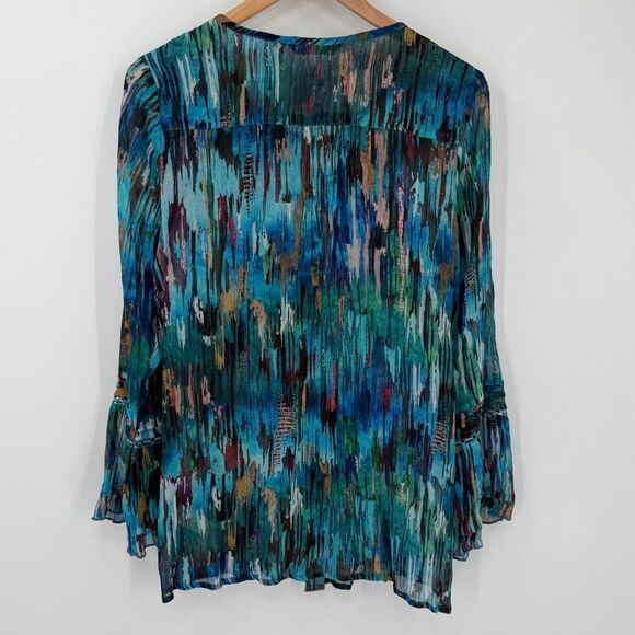 Soft Surroundings Amelie Top Long Bell Sleeves Sheer Blue Abstract Women Medium - Picture 3 of 8